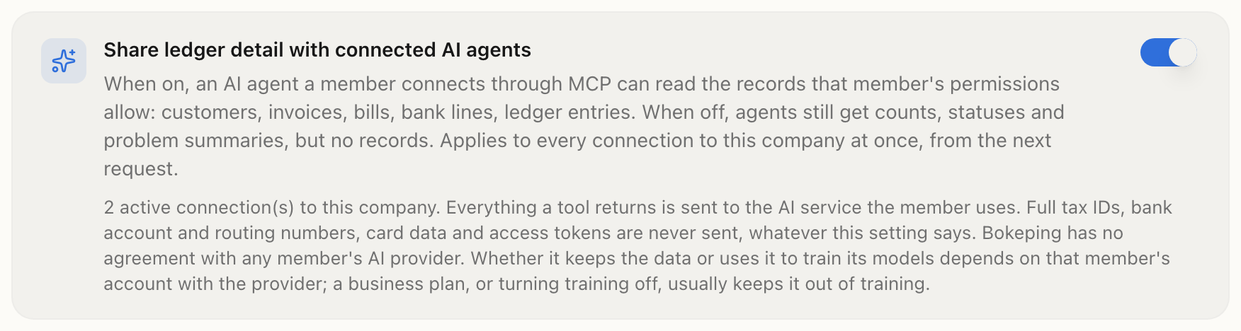 The Share ledger detail with connected AI agents setting switched on, with a note that the company has 2 active connections, that full tax IDs, bank account and routing numbers, card data and access tokens are never sent, and that Bokeping has no agreement with any member's AI provider.
