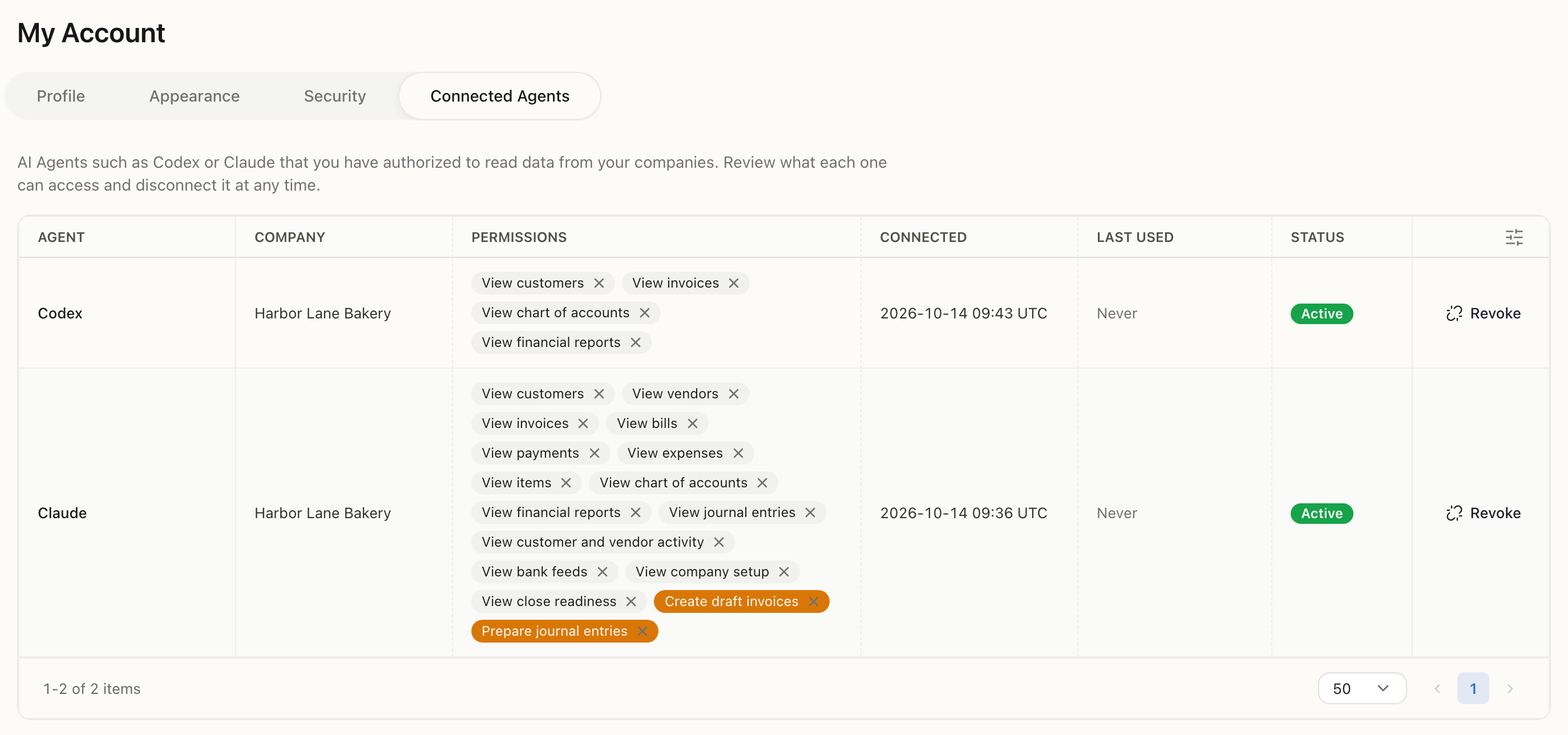 My Account page on the Connected Agents tab, listing a Codex connection with four read permissions and a Claude connection with many read permissions plus Create draft invoices and Prepare journal entries highlighted, both Active for Harbor Lane Bakery, each with a Revoke button.