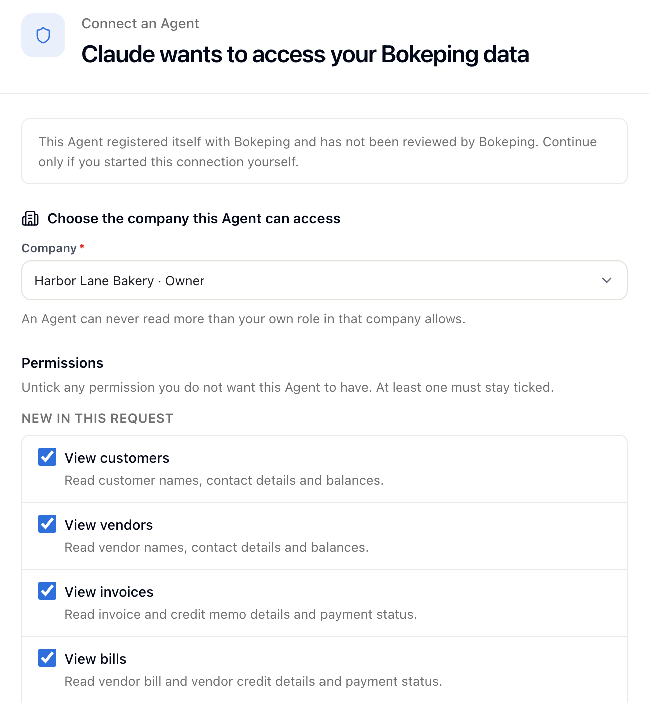 Bokeping Connect an Agent page: Claude wants to access your Bokeping data, company Harbor Lane Bakery with the Owner role selected, and read permissions such as View customers and View invoices ticked.