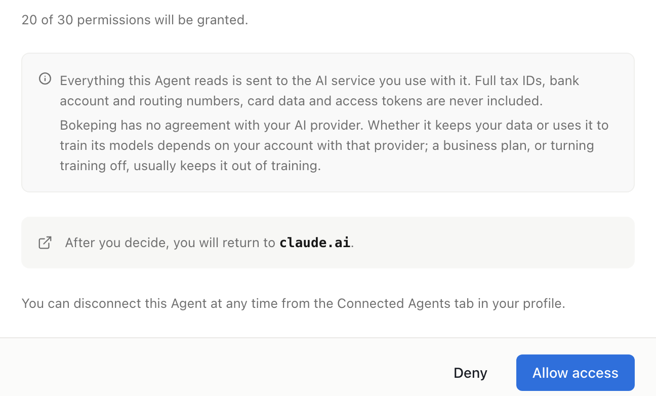 Bottom of the approval page: 20 of 30 permissions will be granted, the data notice including that Bokeping has no agreement with your AI provider, a note that you will return to claude.ai, and the Deny and Allow access buttons.