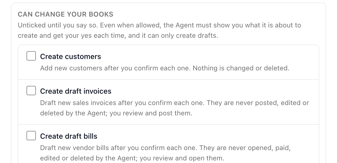 The Can change your books section with Create customers, Create draft invoices, and Create draft bills all unticked.
