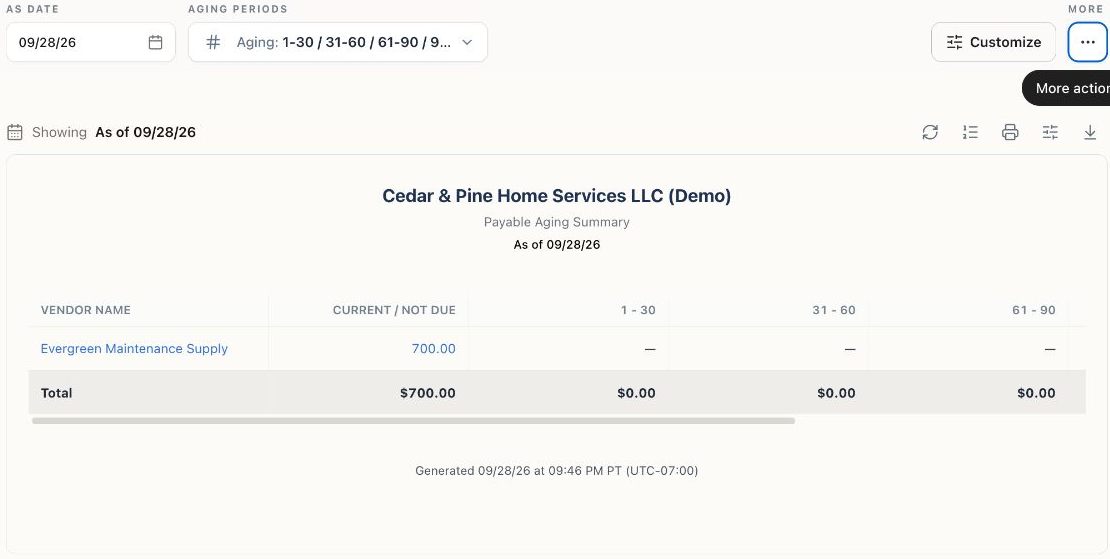 Payable Aging Summary filtered to Evergreen Maintenance Supply with $700 in Current / Not Due.