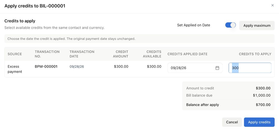 Apply credits to a demo vendor bill: payment BPM-000001 has $300 available, with $300 selected against a $1,000 bill and $700 remaining.