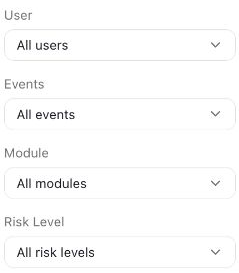 Audit Log filters for User, Events, Module, and Risk Level.