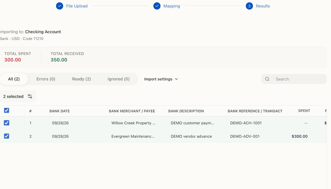 Bank import preview showing two ready rows, total spent 300, total received 350, and no validation errors.