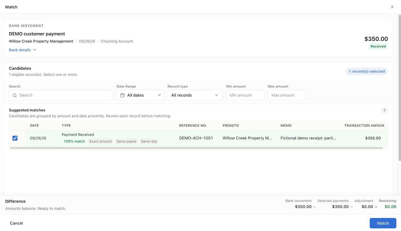Match panel selecting an existing $350 Payment Received with reference DEMO-ACH-1001 and Remaining $0.00.