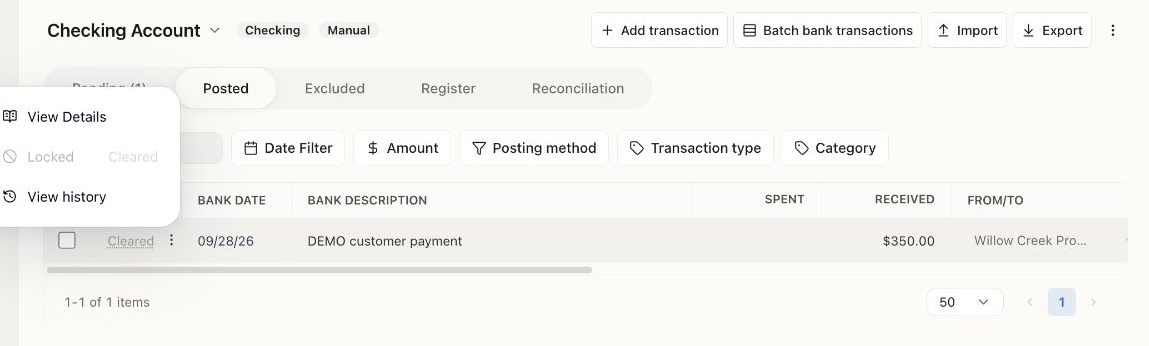 Posted bank row with its More actions menu showing Locked and Cleared.