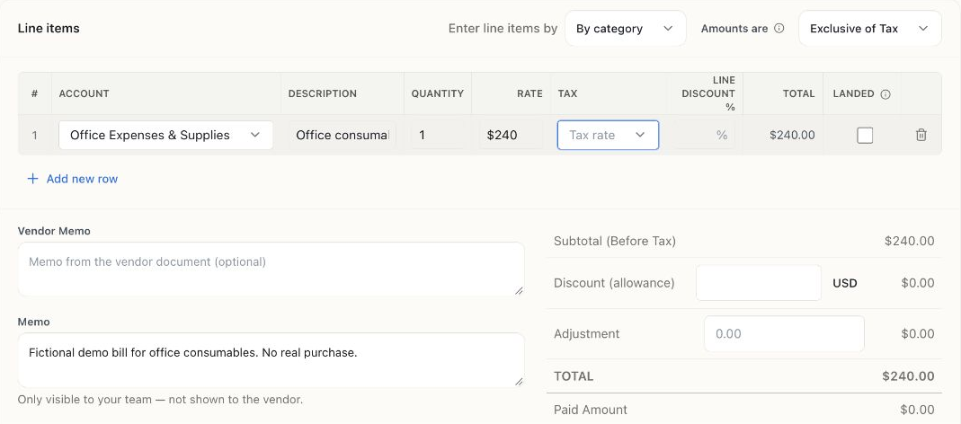 Bill line items set to By category, with Office Expenses & Supplies selected and a $240 total.