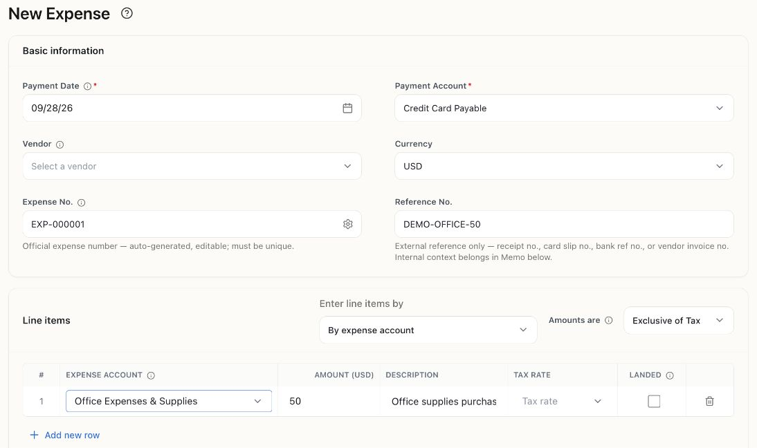 New Expense form for $50 of office supplies, paid from Credit Card Payable and categorized to Office Expenses & Supplies, with reference DEMO-OFFICE-50.
