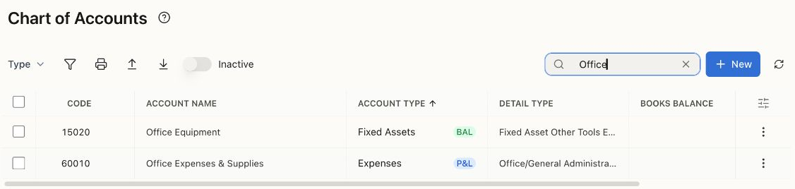 Chart of Accounts filtered for Office, showing Office Equipment as Fixed Assets and Office Expenses & Supplies as Expenses.