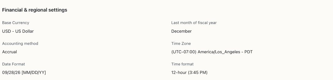 Company Financial and regional settings showing USD, December year end, Accrual, America/Los_Angeles, MM/DD/YY, and 12-hour time.