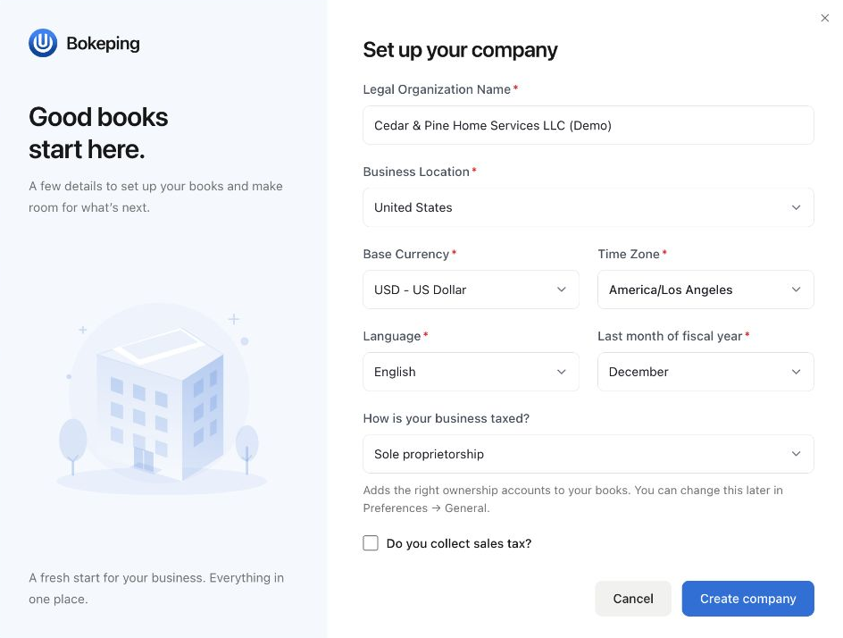 Company setup for Cedar & Pine Home Services LLC, a fictional US business, showing USD, English, the Los Angeles time zone, and a December fiscal year end.