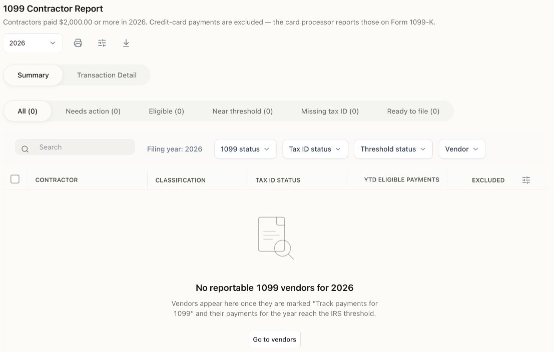 1099 Contractor Report showing the selected year, report controls, and the Demo company’s empty reportable-vendor state.