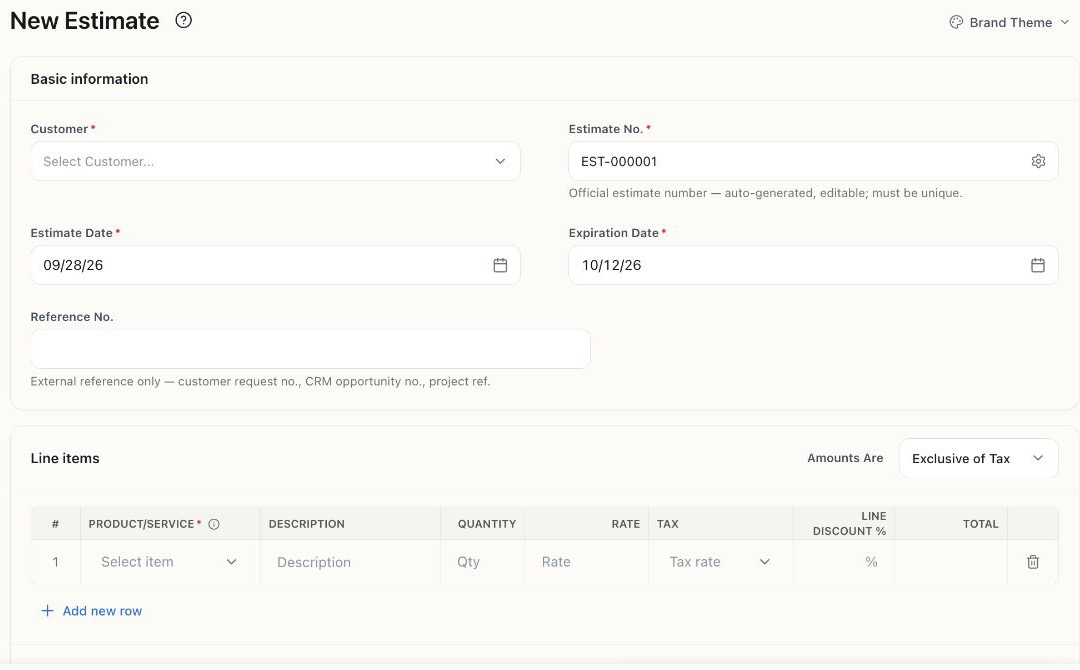 Empty New Estimate form showing customer, dates, reference and line items