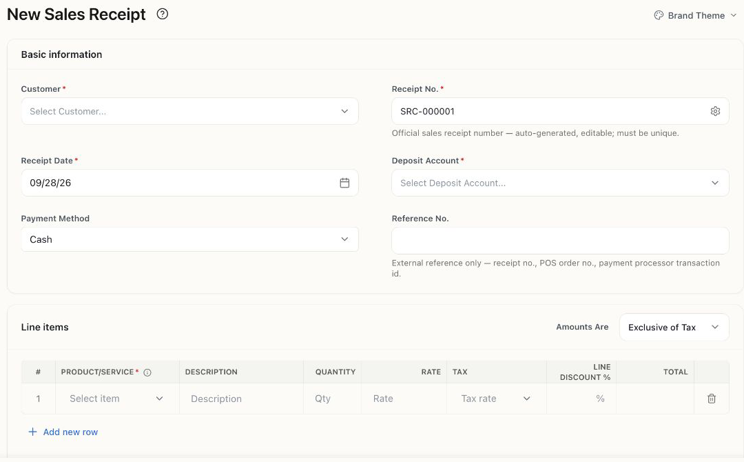 Empty New Sales Receipt form showing receipt date, deposit account and payment method