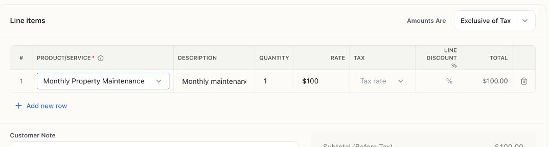 Customer credit memo line for Monthly Property Maintenance, quantity one, rate $100, and total $100.