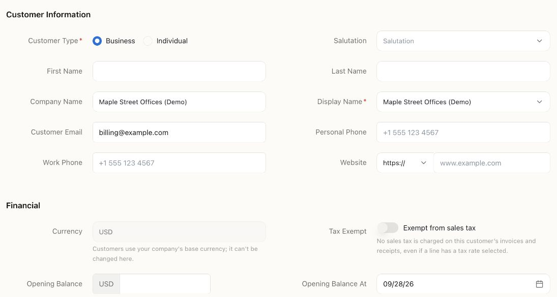 New business customer Maple Street Offices (Demo), with matching company and display names, example email, USD currency, tax exemption off, and an empty opening balance.