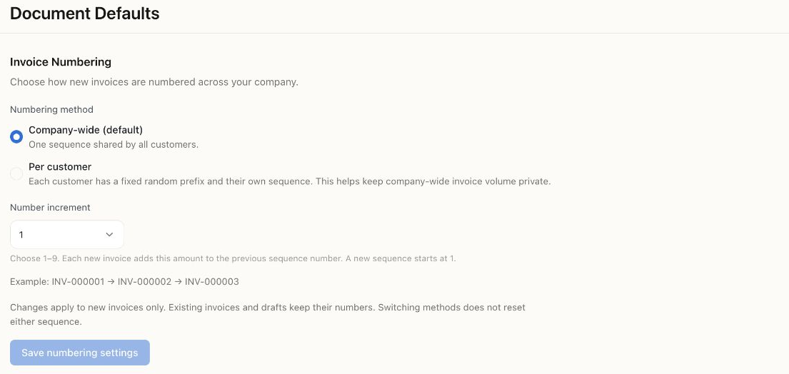 Document Defaults showing Company-wide invoice numbering, increment 1, and the notes about existing invoices and drafts.