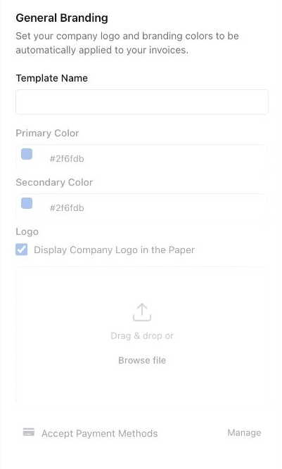 Invoice branding editor showing the template name, branding color, and company-logo controls.