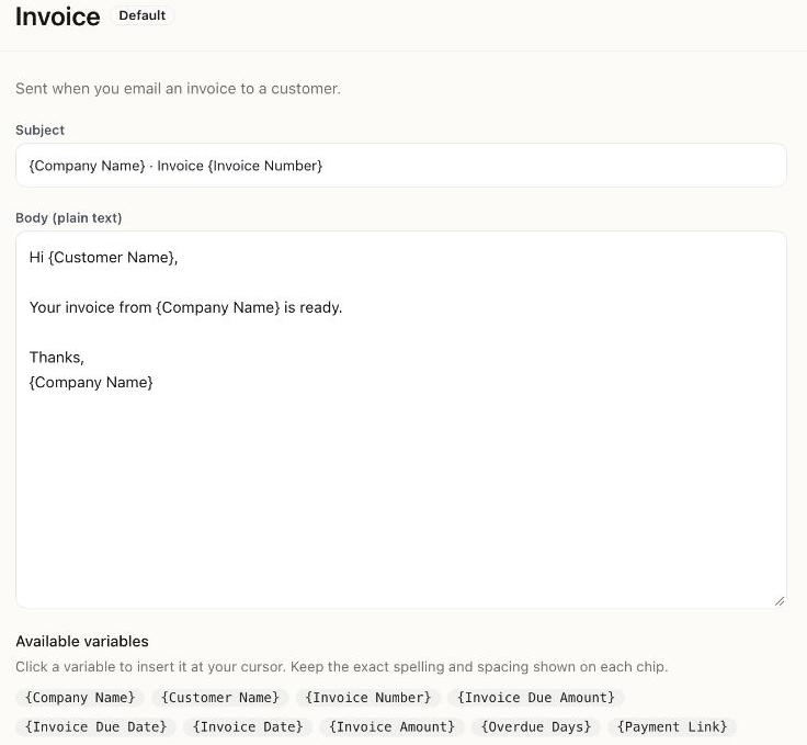 Invoice email-template editor showing Subject, plain-text Body, and available variable chips.