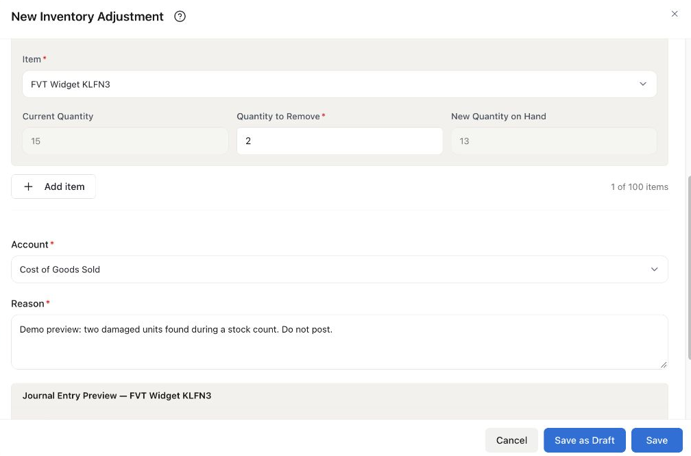 Filled inventory adjustment showing Current Quantity 15, Quantity to Remove 2, New Quantity on Hand 13, Cost of Goods Sold account, and a Demo count reason.