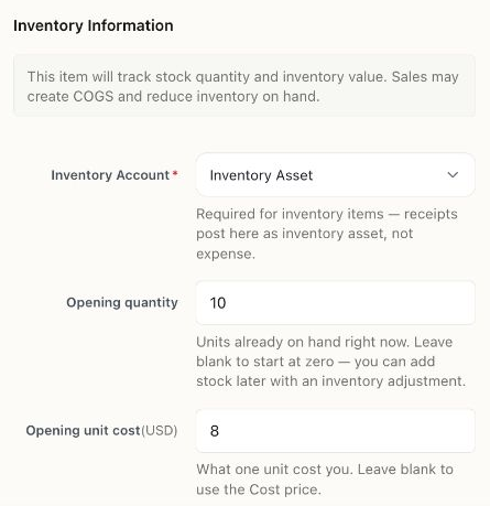 Inventory Information fields with opening quantity 10, unit cost 8 USD, and an as-of date.