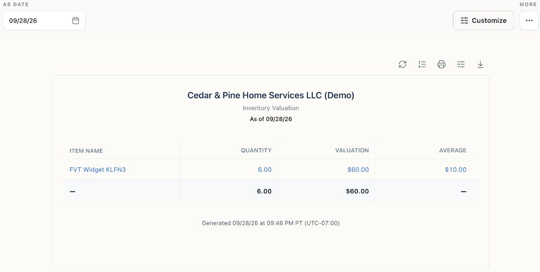 Inventory Valuation showing the cutoff date and an existing Demo test item with quantity 6, valuation $60, and average $10.