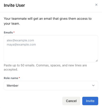 Invite User dialog with Emails, Role name set to Member, Cancel, and Invite.