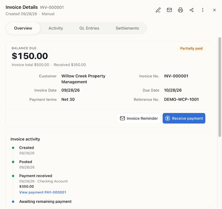 Demo invoice after a partial payment: total $500, received $350, balance due $150, and a $350 payment in Invoice activity.
