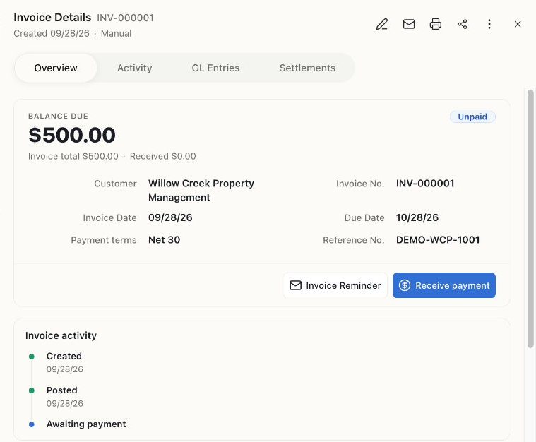 Saved demo invoice INV-000001 for Willow Creek Property Management, showing $500 due, $0 received, and Unpaid status.