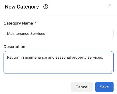 New Category form with Maintenance Services and a description for recurring and seasonal property services.