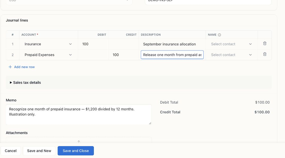 Manual journal with a $100 Insurance debit and $100 Prepaid Expenses credit, with equal debit and credit totals.