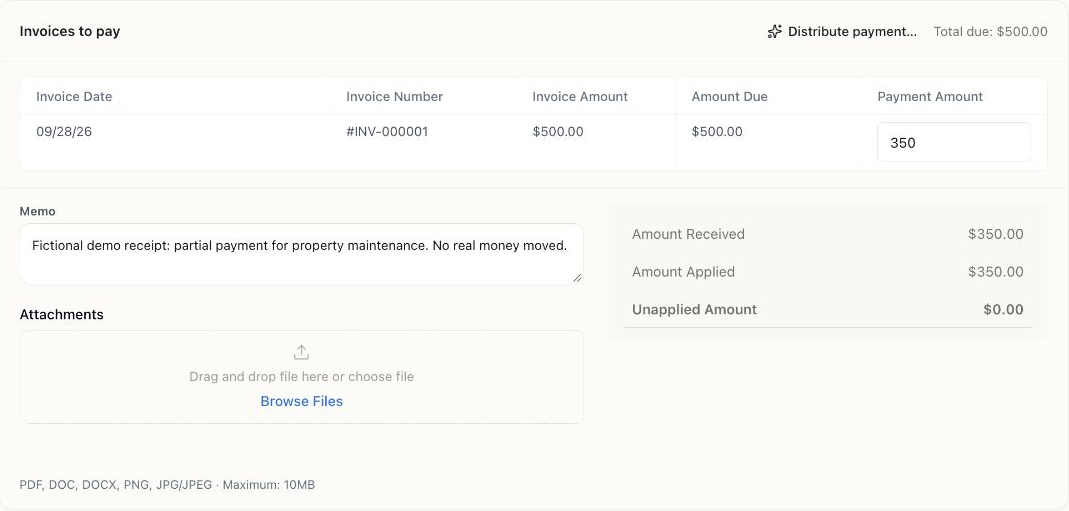 A $350 receipt allocated to demo invoice INV-000001 for $500, with Amount Received and Amount Applied both $350 and Unapplied Amount $0.