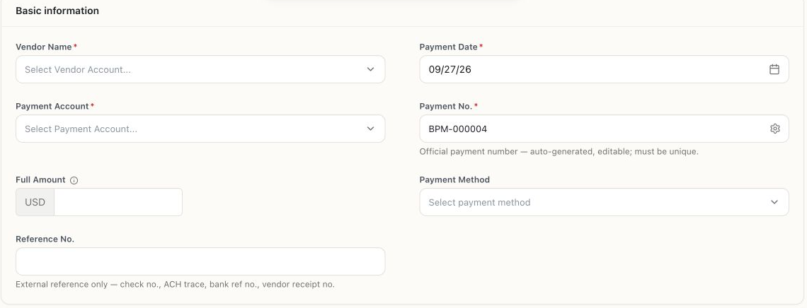 Empty vendor payment form showing vendor, paying account, date, and amount fields