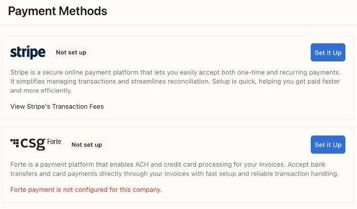 Payment Methods in the demo company, with Stripe and Forte both marked Not set up and a Set it Up button for each.