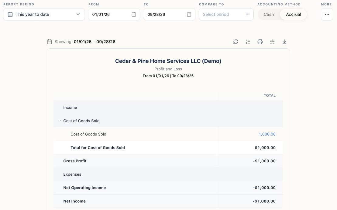Demo company Profit and Loss report with date-range controls, Compare to, Cash and Accrual choices, and linked account amounts.