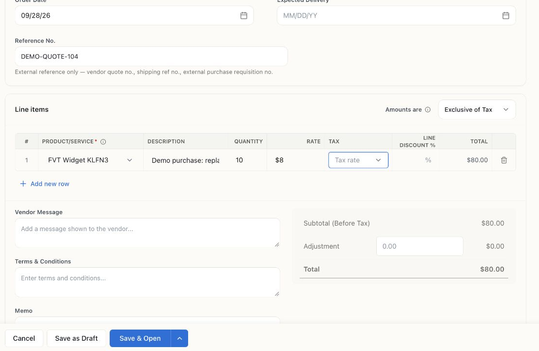 Purchase order with a selected inventory item, reference DEMO-QUOTE-104, quantity 10, rate $8, $80 total, and available Save as Draft and Save & Open actions.