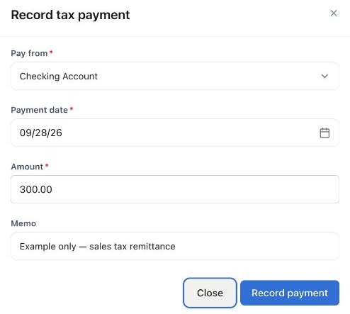 Unsaved tax payment example with Checking Account, payment date September 28, 2026, amount $300, and an example memo.