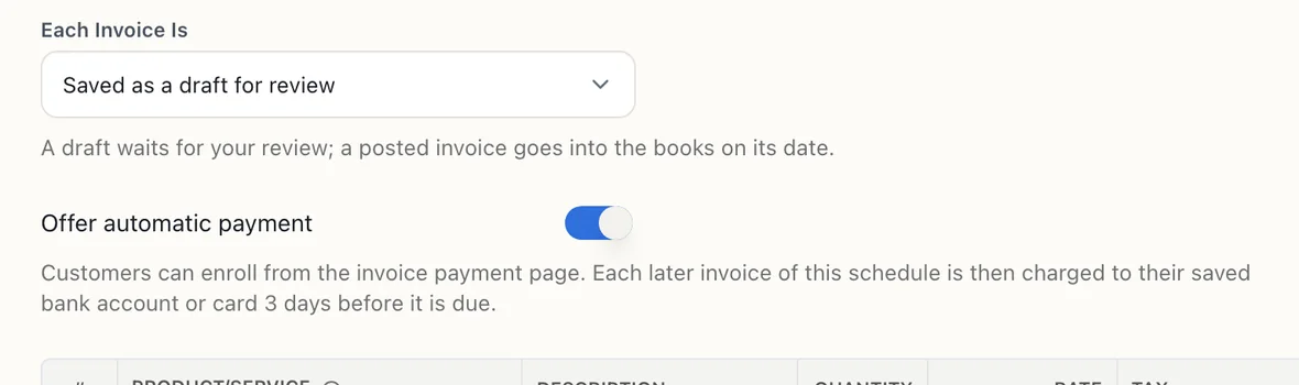The template form's Offer automatic payment switch, turned on, with the note that customers enroll from the invoice payment page and are charged 3 days before each invoice is due.