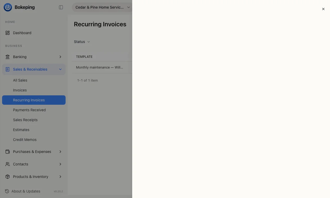 Recurring invoice details for the fictional maintenance template, on the History tab, showing one period Created as Invoice #67.