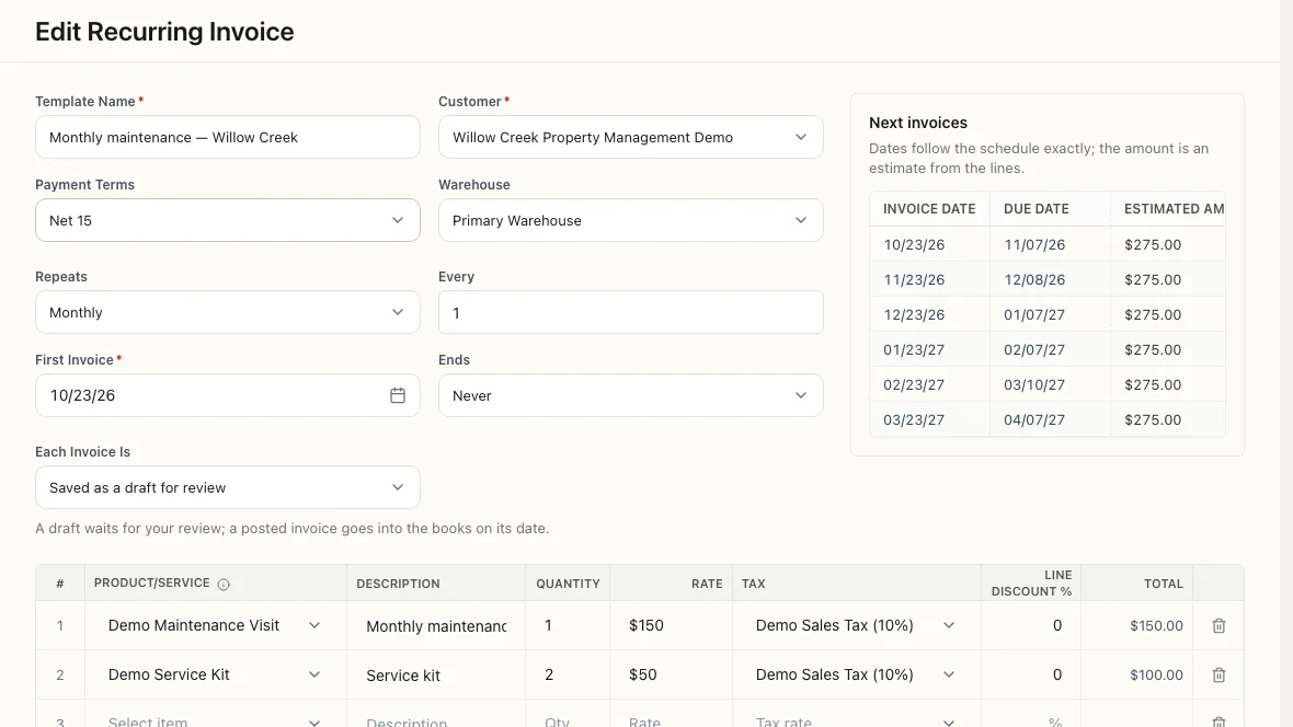 Edit Recurring Invoice form for a fictional monthly maintenance template: customer, Net 15 terms, Primary Warehouse, monthly schedule starting 10/23/26, saved as a draft, with the next six invoice dates previewed.