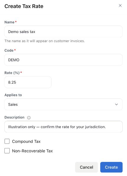 Create Tax Rate form with Demo sales tax, code DEMO, illustrative rate 8.25%, Applies to Sales, and both special tax options unchecked.