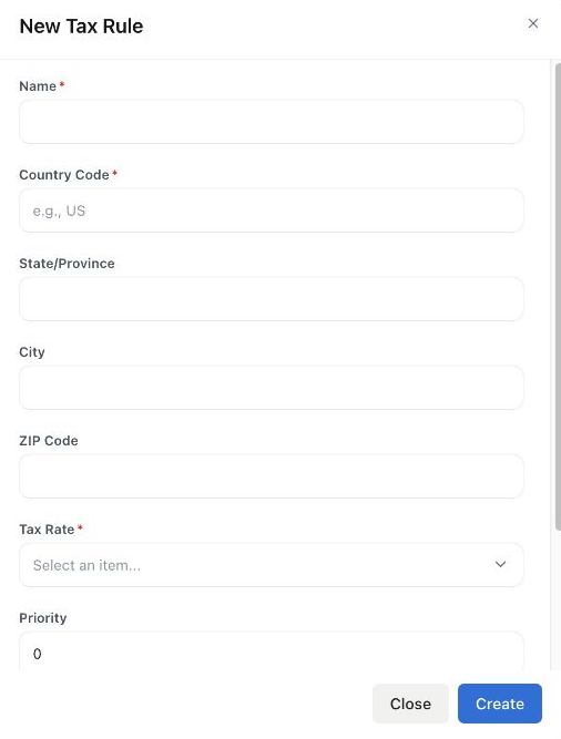 New Tax Rule form showing the name, country, state, city, ZIP, tax rate, and priority fields.