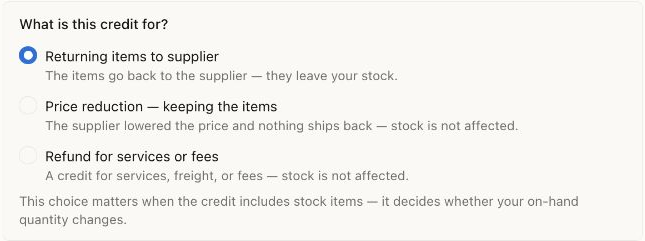 Vendor credit choices: Returning items to supplier, Price reduction keeping the items, and Refund for services or fees.