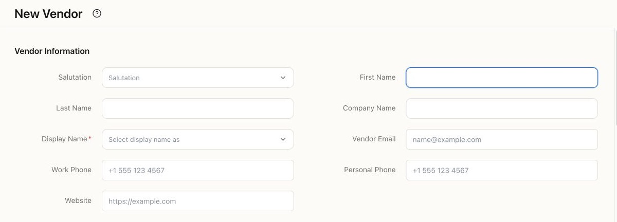 Blank New Vendor form showing name, display name, and contact fields