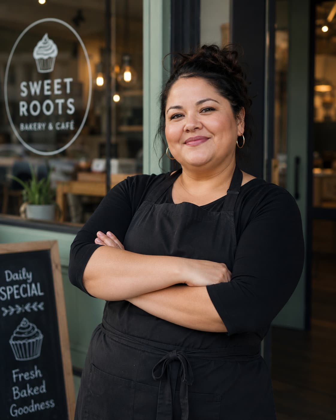 Bakery owner in front of her café