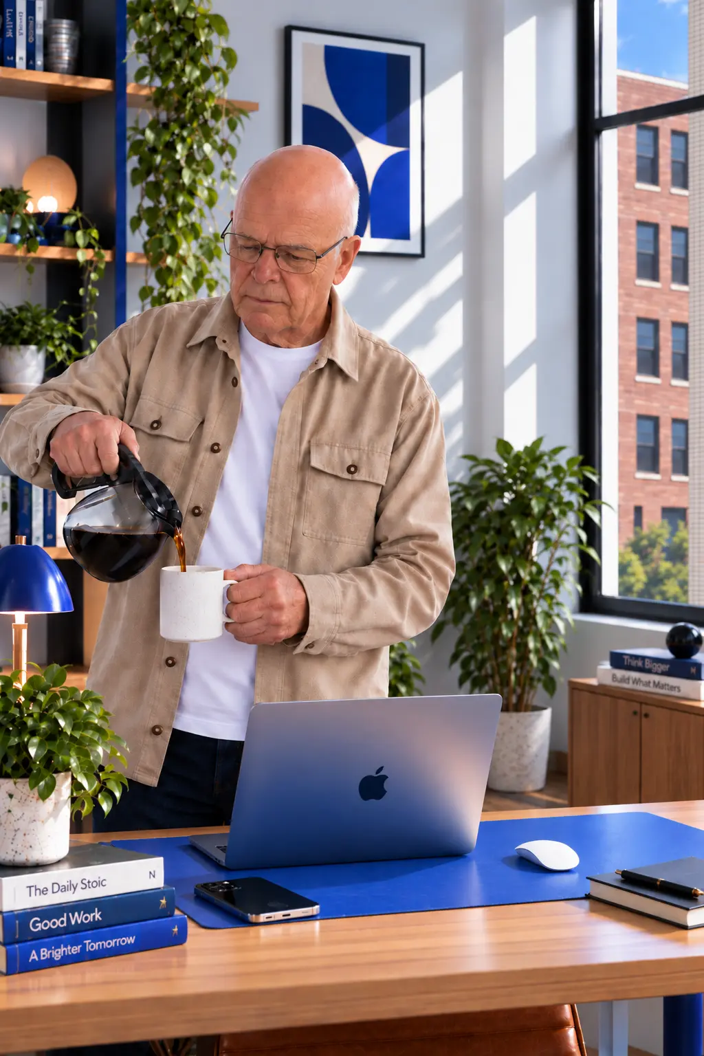 Business owner pouring a cup of coffee at his desk, laptop open