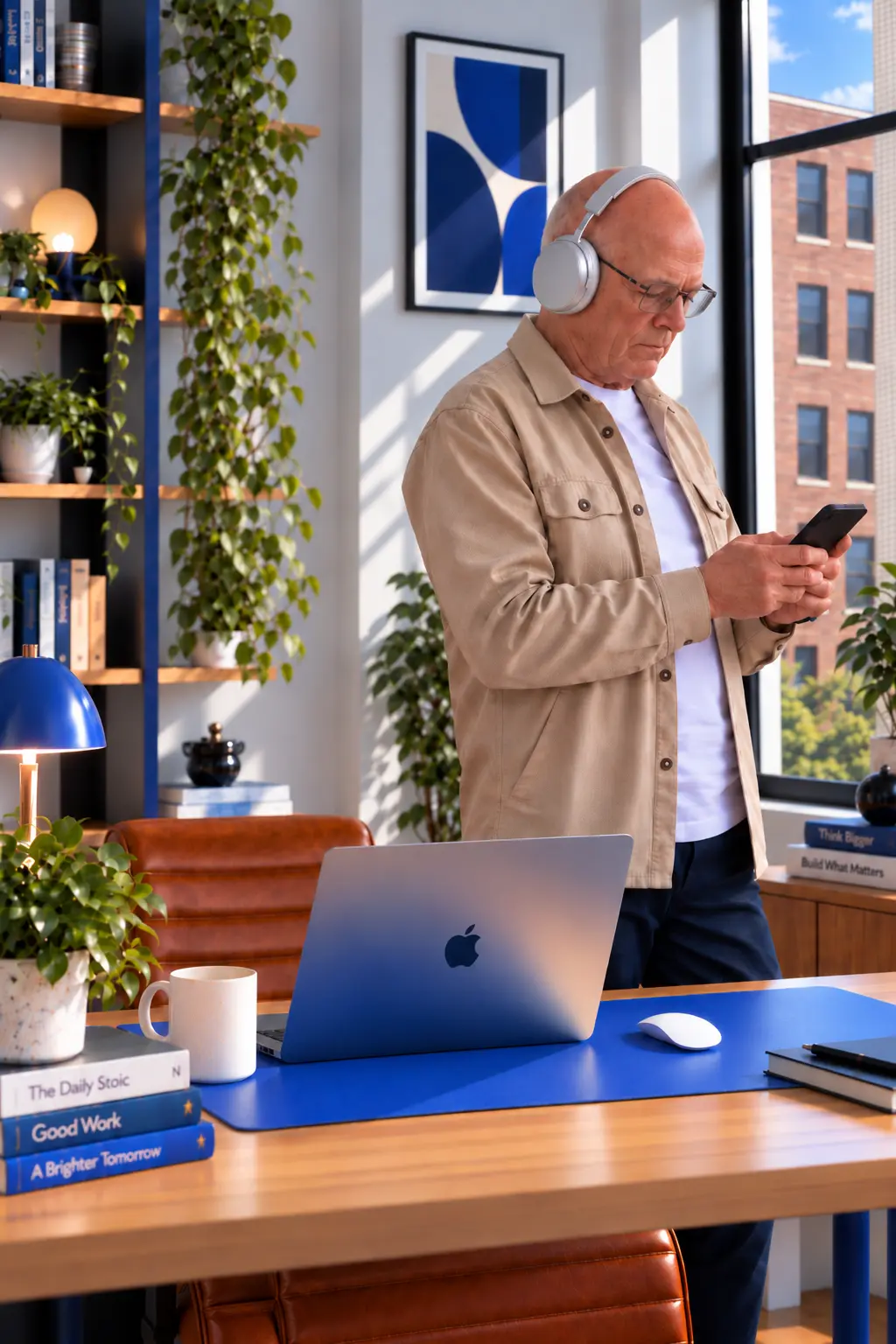 Business owner in headphones checking his phone beside his desk