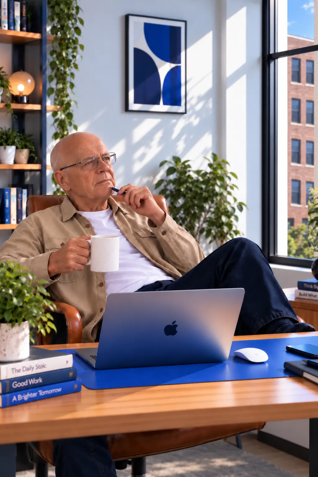 Business owner leaning back in his chair with a mug, thinking